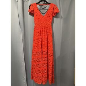 NWOT Bebe Crochet Flutter Sleeve Deep V-Neck Maxi Dress Summer Red Womens Size 0